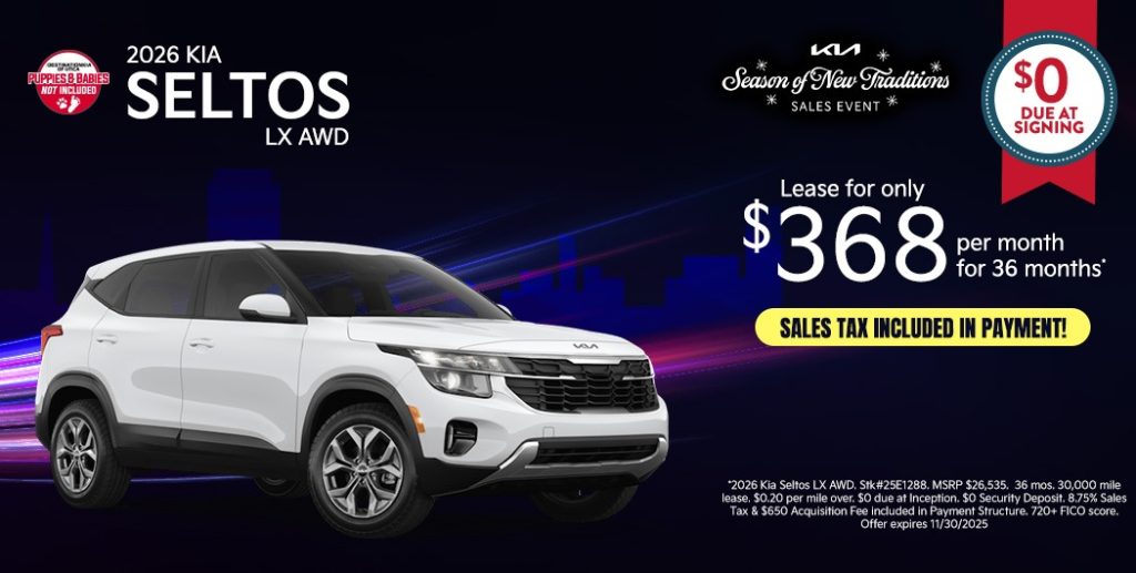 2026 Kia Seltos LX AWD – $0 Due at Signing | $368/Month for 36 Months (Tax Included)