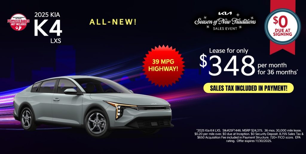 2025 Kia K4 LXS – $0 Due at Signing | $348/Month for 36 Months (Tax Included)