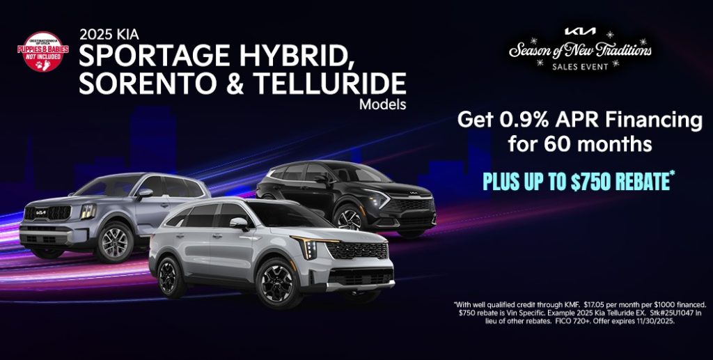 0.9% APR + Up to $750 Bonus Cash on Select Sportage Hybrids, Sorentos & Tellurides