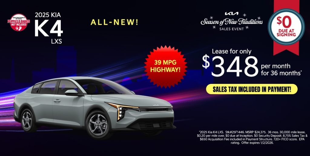 2025 Kia K4 LXS – Lease $348/Month, $0 Due at Inception