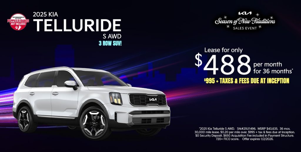 2025 Kia Telluride S AWD – Lease $488/Month, $995 Plus Tax & Fees Due at Inception